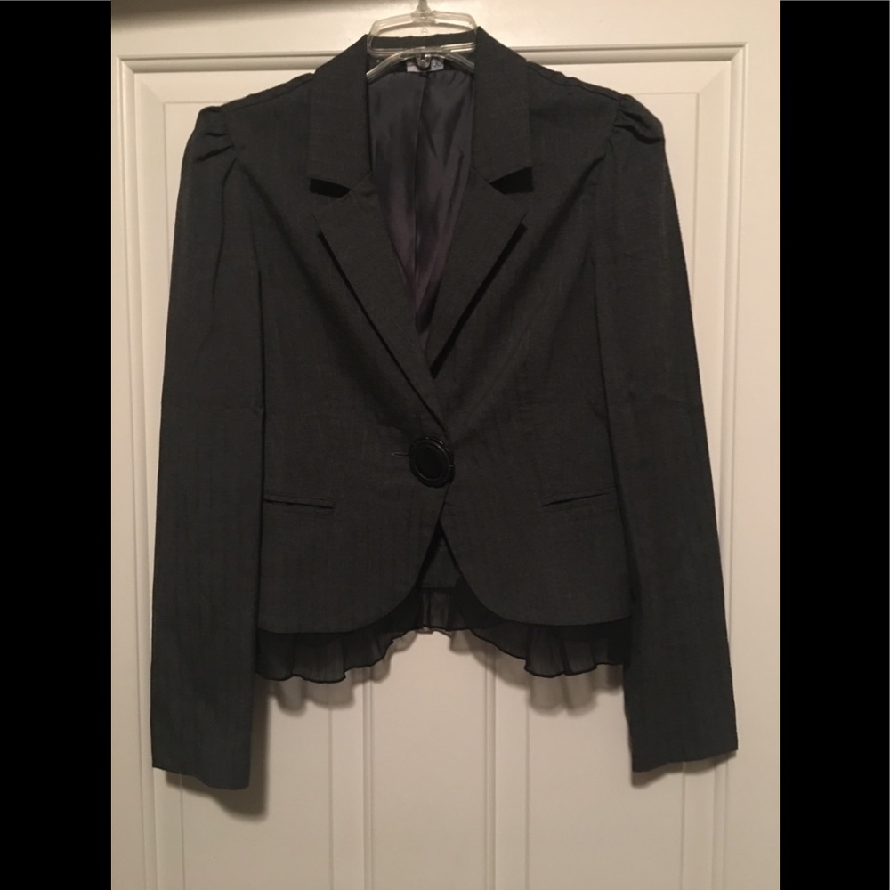 Zinc Gray Jacket with Black Chiffon Ruffle Trim